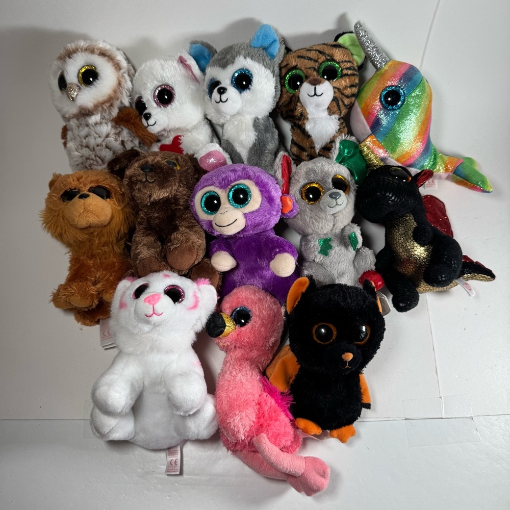 Ty Beanie Boos Plush Lot Of 13 6" Dragon Bear Owl Monkey Bat Dog Husky Tiger